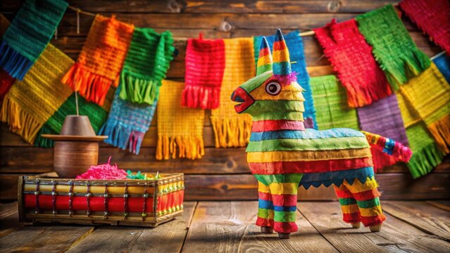 A vibrant multicolored pi?ata, ready for a festive celebration, stands against a backdrop of colorful serapes hanging on rustic wooden walls.