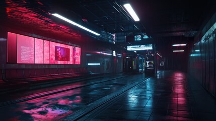 Fototapeta premium Neon Lit Rainy Night Subway Station Platform