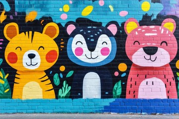 Colorful and joyful street art featuring a tiger, bear, and panther, adding a touch of whimsy to an urban brick wall