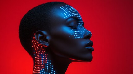 A profile of a futuristic human figure with binary data overlay, symbolizing technology, AI, and digital innovation, perfect for tech-related themes.