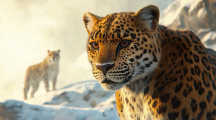 Fototapeta premium An artistic shot of a leopard with a regal expression, its head turned slightly to the side, highlighting its sharp features and textured coat