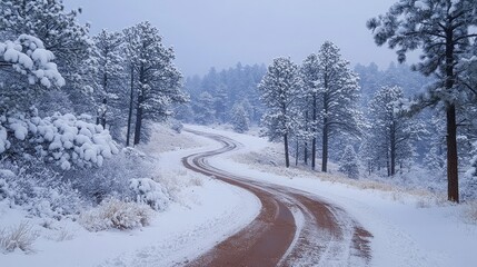 A snowy road through a forest of pine trees, with snow-covered branches heavy with frost. -