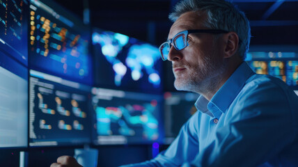 Experienced professional analyzing data on multiple digital screens, leveraging technology and strategy for corporate innovation and decision-making.