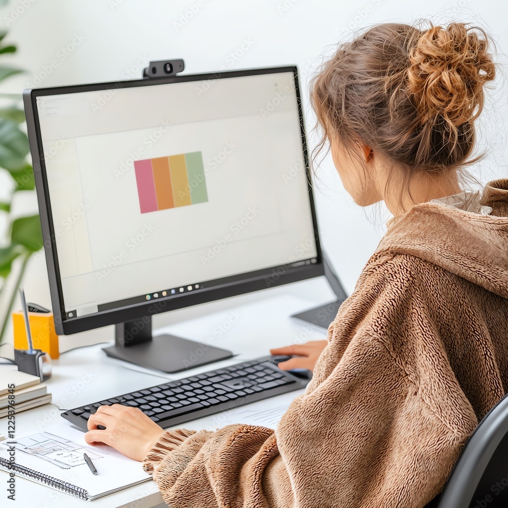 Fototapete a woman working on a computer in a cozy setting, focused on design tasks with a modern desktop setup