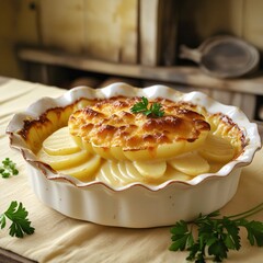 Cheesy scalloped potatoes with a golden crust, layered in a porcelain dish, topped with parsley, set against a soft yellow background.