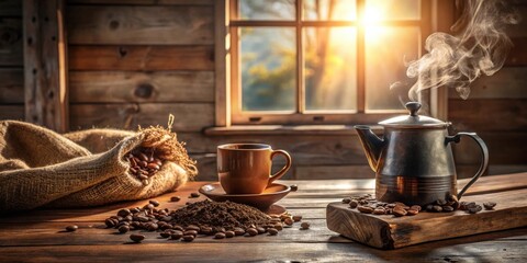 Warm Morning Coffee in Rustic Setting A steaming pot, burlap sack of beans, and a cup of freshly brewed coffee on a wooden table bathed in sunlight