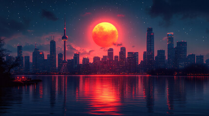 Fototapeta premium A vector wallpaper of minimalist cityscapes in a retro, neon color palette