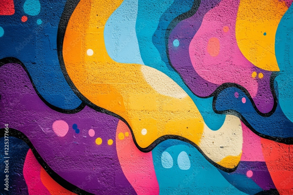 Poster vibrant and dynamic graffiti art featuring a colorful abstract wavy design on a textured concrete wa