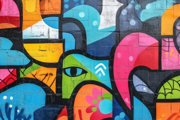 Obraz premium Vibrant street art featuring abstract shapes and patterns adorns a brick wall, showcasing urban creativity and expression