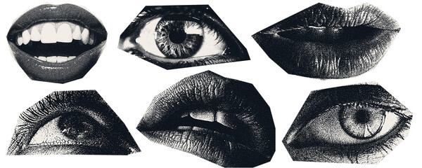 Scan Magazine, newspaper clipping, Vintage elements. illustration of grunge dadaism texture icons for psychedelic.lips