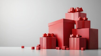 A stack of red gift boxes with bows, isolated on a transparent or white background. 