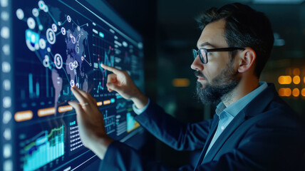 Business executive analyzing global financial data on an interactive digital screen, leveraging technology for strategy and market insights