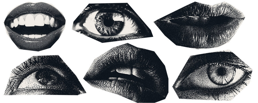 Scan Magazine, newspaper clipping, Vintage elements. illustration of grunge dadaism texture icons for psychedelic.lips