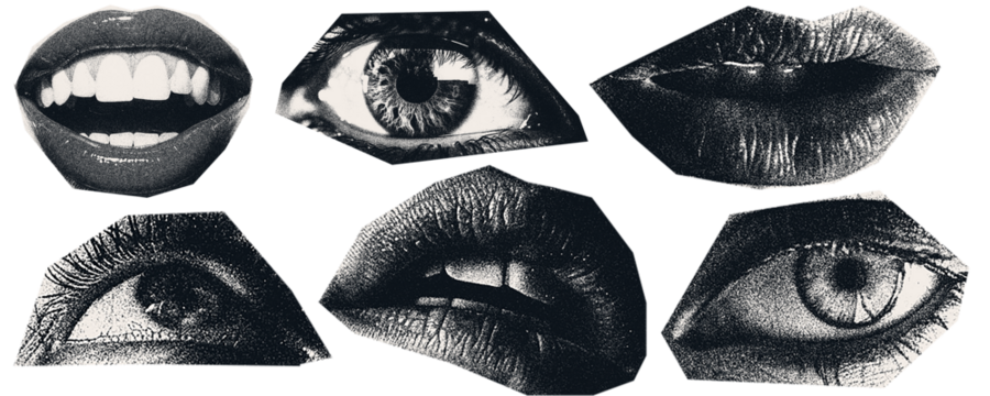 Scan Magazine, newspaper clipping, Vintage elements. illustration of grunge dadaism texture icons for psychedelic.lips