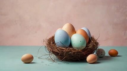 Easter egg and toy car on wooden background, happy easter day concept