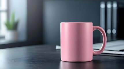 A stylish pink mug sits on a modern desk, perfect for coffee or tea. A contemporary workspace setting.