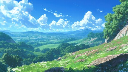 Obraz premium Serene Landscape Featuring Rolling Hills and Lush Meadows