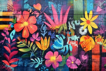 Colorful flowers and leaves painted on a textured wall