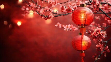 Obraz premium Red Lanterns Hang From Blossoming Branches, Creating A Festive Atmosphere Perfect For Lunar New Year Celebrations. Warm, Inviting, And Joyful.
