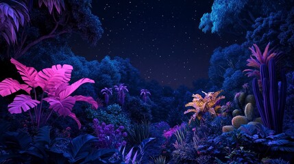 A dark night sky with stars, lush foliage below, neon pink and purple plants in the foreground, a giant monstera plant, purple glowing tree trunks, dark grey grasses