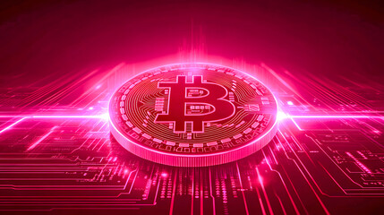Bitcoin cryptocurrency coin shining on a red circuit board background