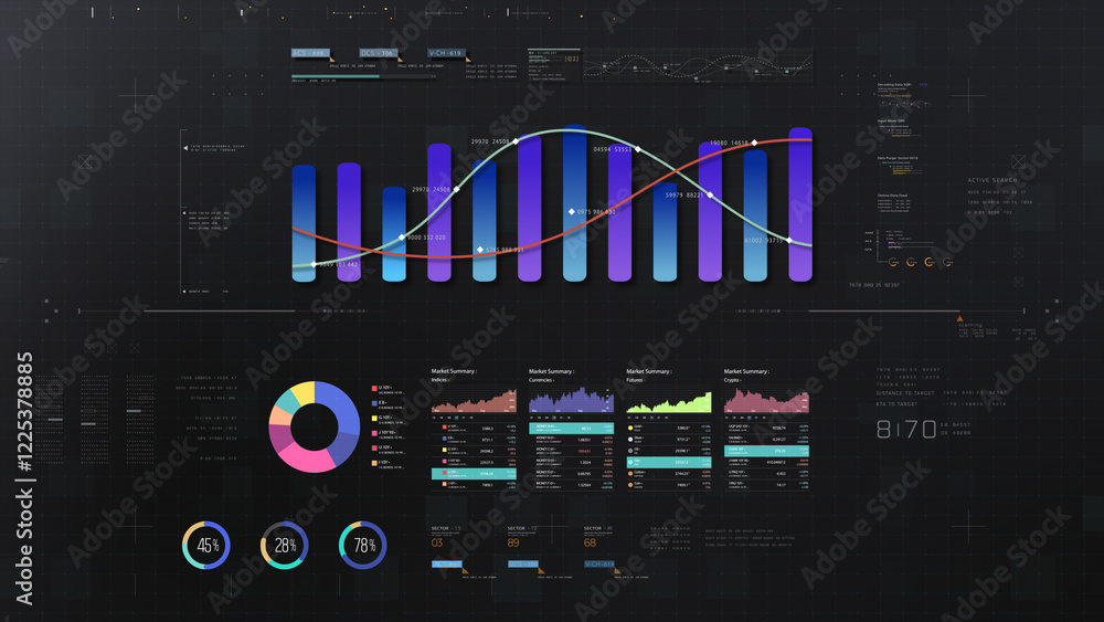 Poster Dynamic data visuals for business info graphics, animated charts, and data-driven insights for a business meeting mock-up. Explore the world of trading, stock exchanges, and crypto