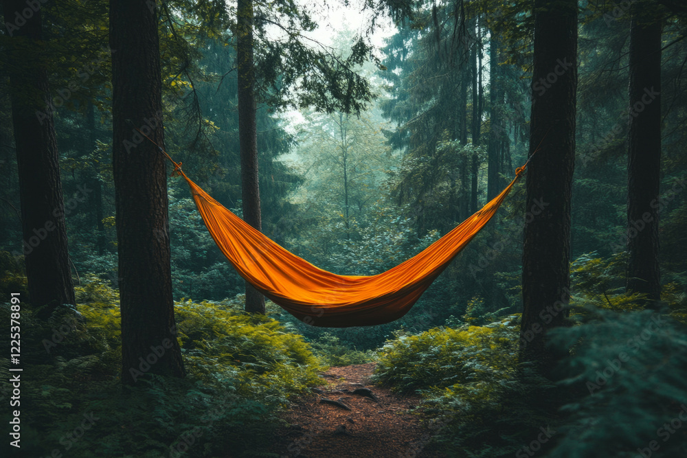Aufkleber empty hammock hanging between two trees in a misty forest, inviting relaxation and tranquility