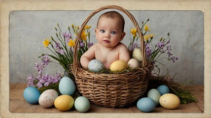 Easter egg and toy car on wooden background, happy easter day concept
