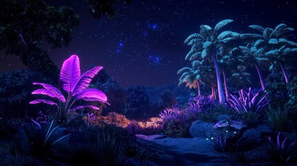 A dark night sky with stars, lush foliage below, neon pink and purple plants in the foreground, a giant monstera plant, purple glowing tree trunks, dark grey grasses