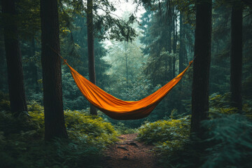 Empty hammock hanging between two trees in a misty forest, inviting relaxation and tranquility
