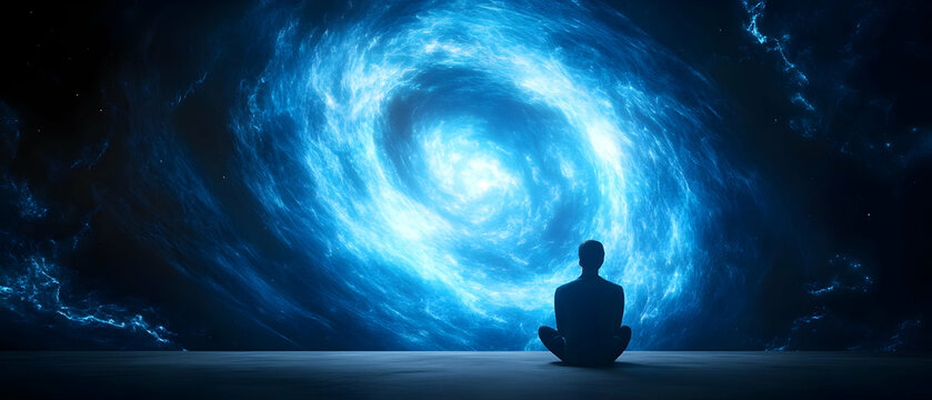 A tranquil figure meditating before a mesmerizing blue galaxy, exploring the depths of consciousness and imagination.