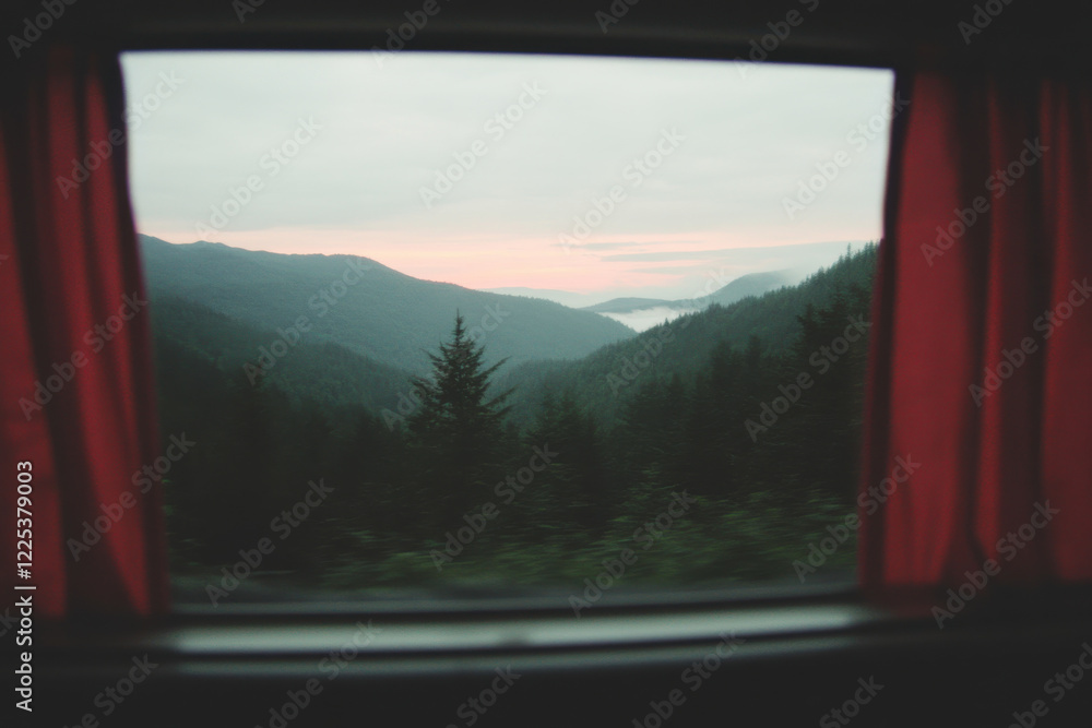 Poster a window view of a mountain range with a red curtain
