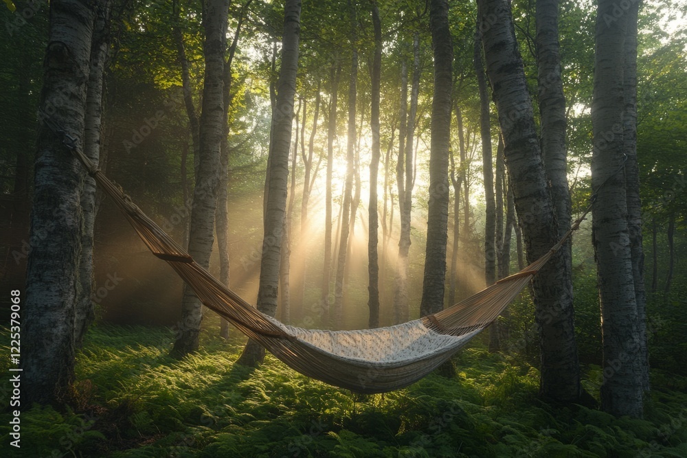 Poster empty hammock hanging between two birch trees in a misty forest illuminated by golden sunlight at su