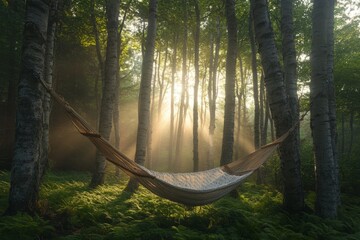 Empty hammock hanging between two birch trees in a misty forest illuminated by golden sunlight at sunrise, creating a peaceful and idyllic scene