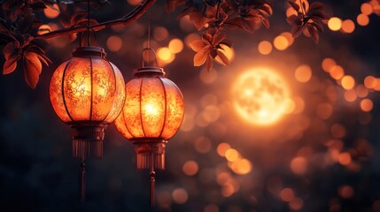 Two Glowing Lanterns Hang From A Branch, Illuminated By A Warm, Hazy Moon And Bokeh Lights. A Tranquil, Autumnal Scene.