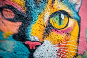 Close-up of a vibrant cat face mural, showcasing colorful street art and urban decoration