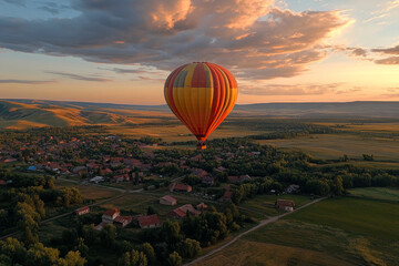 Fototapeta premium Hot air balloon gliding over scenic landscape at sunset