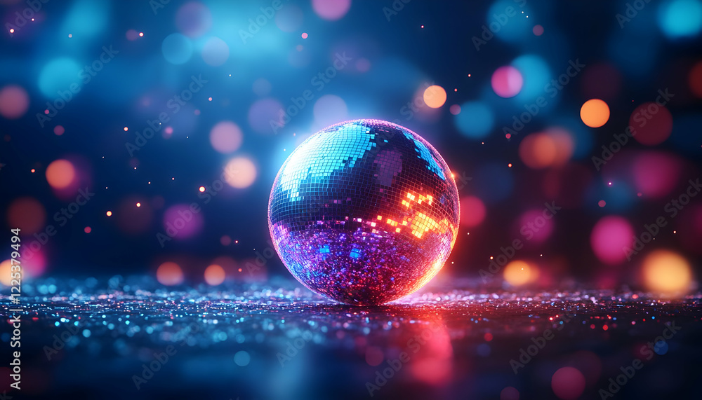 Poster a vibrant, glowing sphere surrounded by colorful bokeh lights, creating a magical and enchanting atm
