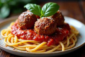 plate of spaghetti topped with marinara sauce, meatballs, and fresh basil garnish