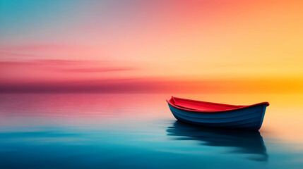 Naklejka premium A tranquil sunset view of a lone red boat floating on calm waters, with vibrant colors painting the sky.