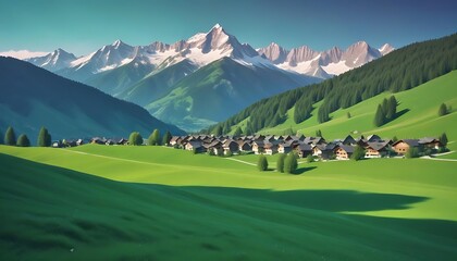 A green field with a mountain in the background and a mountain in the background