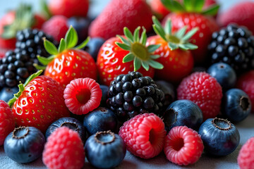 Fototapeta premium vibrant assortment of fresh berries including strawberries, raspberries, blackberries, and blueberries, showcasing their