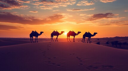 Caravan of camels silhouetted against a vibrant desert sunset.
