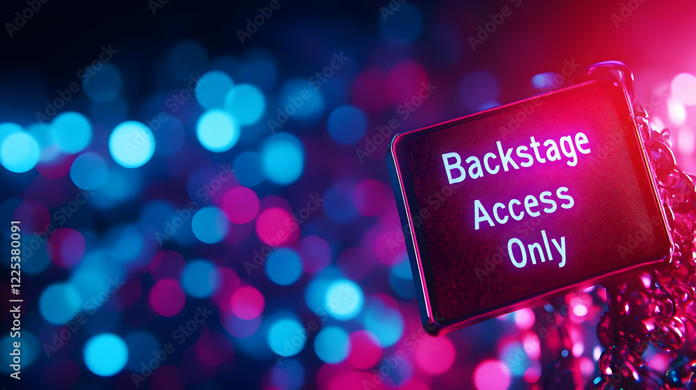 Poster a vibrant backstage access only sign illuminated by colorful lights, creating a lively and energetic