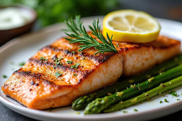Grilled salmon fillet served with asparagus, garnished with lemon and rosemary on white plate