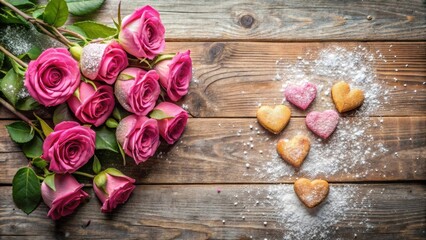 Romantic bouquet of pink roses and heart-shaped cookies on rustic wooden surface