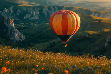 Colorful hot air balloon flying over a green valley with wildflowers at sunset, offering a breathtaking view