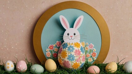 Easter egg and toy car on wooden background, happy easter day concept
