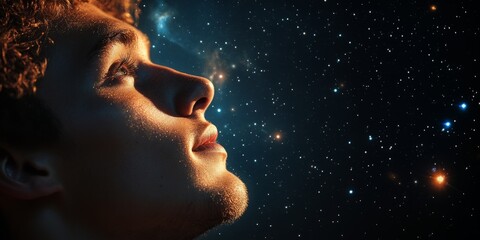 Close-up portrait of a young man looking up at the beautiful starry night sky, dreaming of space travel and the mysteries of the universe