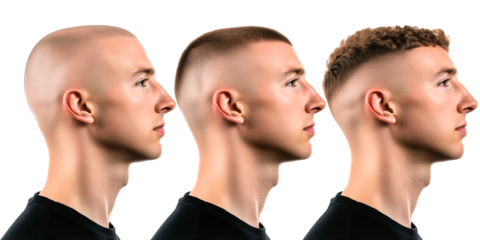 profile of young man with different balding state; concept of testosterone, hairdresser, coiffure; head & shoulder isolated over transparent (white) background